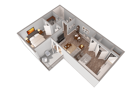 Floor plan for 1 bed, 1 bath, 735 sqft